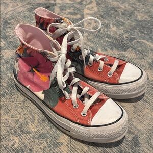 Converse High-Top Platform Sneakers with Floral Design - Red, Pink, Green, White